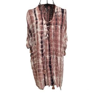 olivaceous tie dye coverup dress with lace front and tassles | size S | NWOT